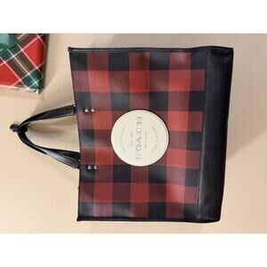Coach Red and Black Dempsey Tote 40 Checkered Leather Tote Bag